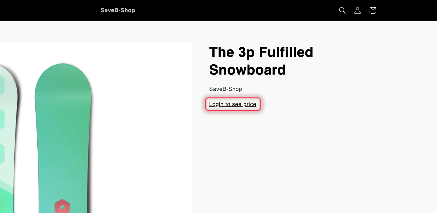 A live storefront product page seen by a signed-out visitor: the product image and title are visible, and a Login to see price link sits where the price would be, with no Add to cart or Buy it now button.