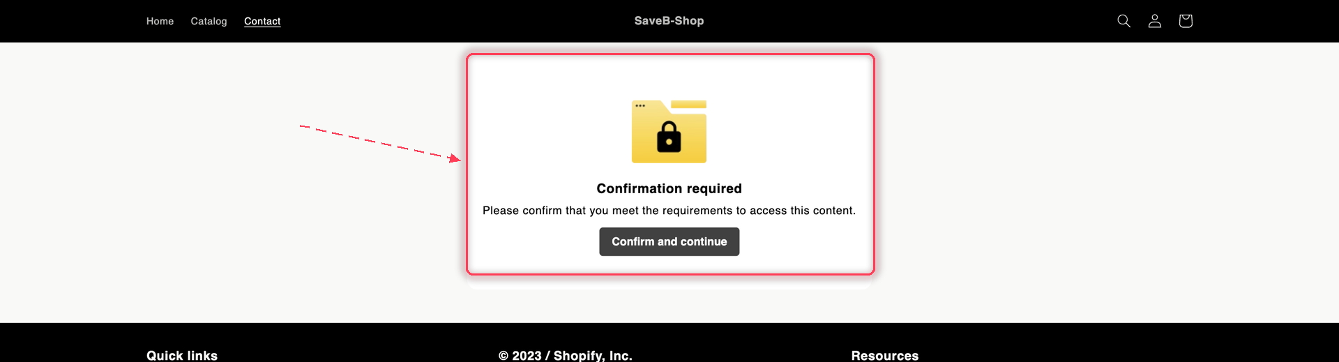 A locked storefront page showing a Confirmation required card with a Confirm and continue button.
