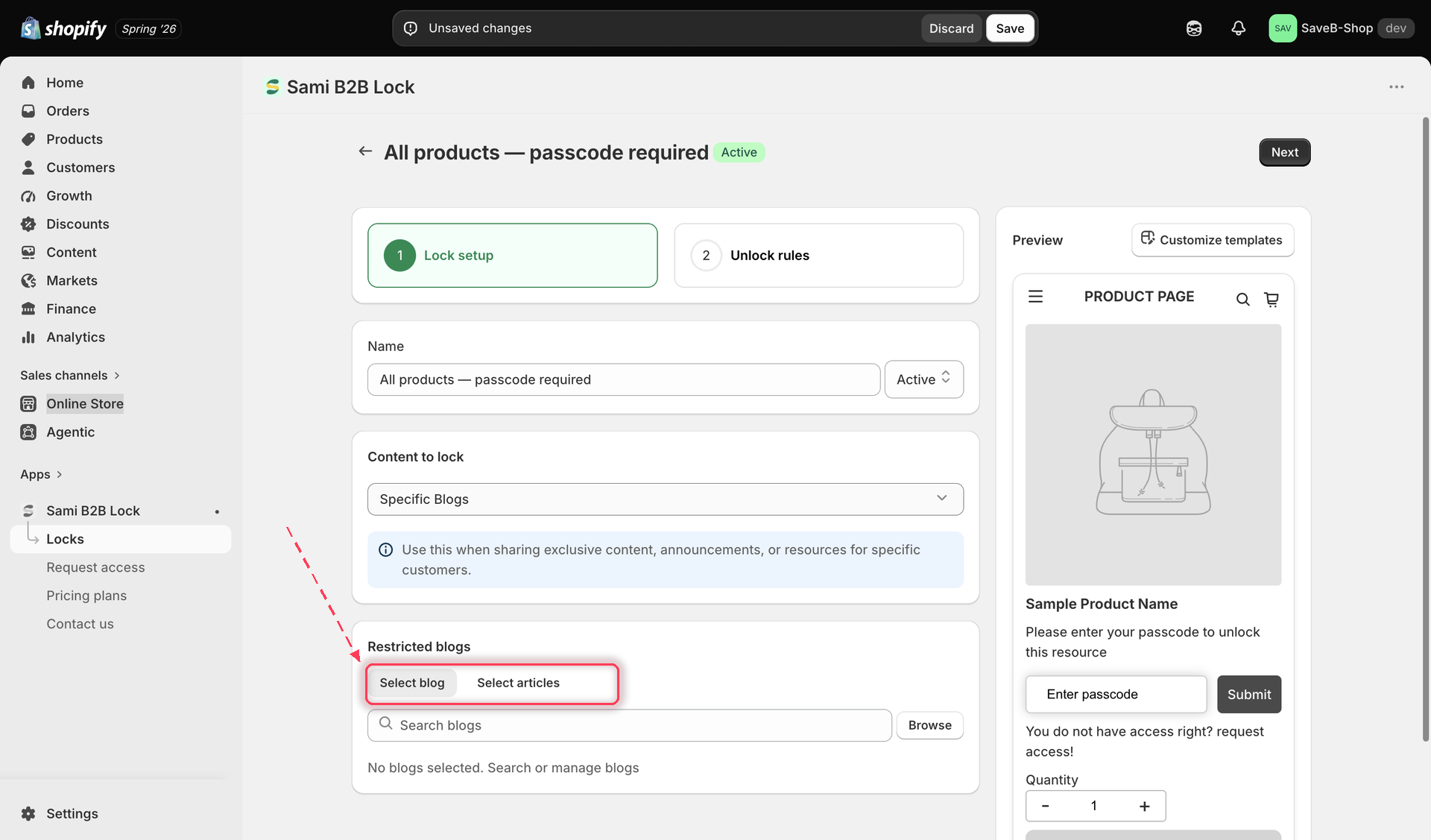 The picker showing the choice between locking a whole blog or specific articles within it.
