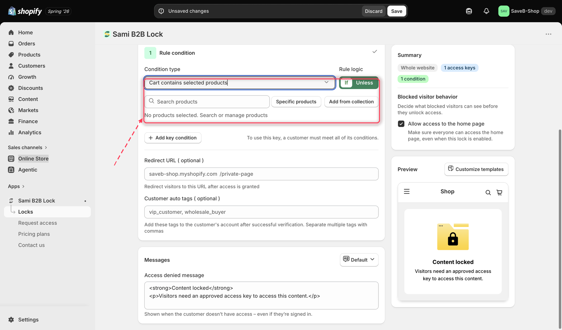 The Cart contains selected products rule settings, showing a product selection list.
