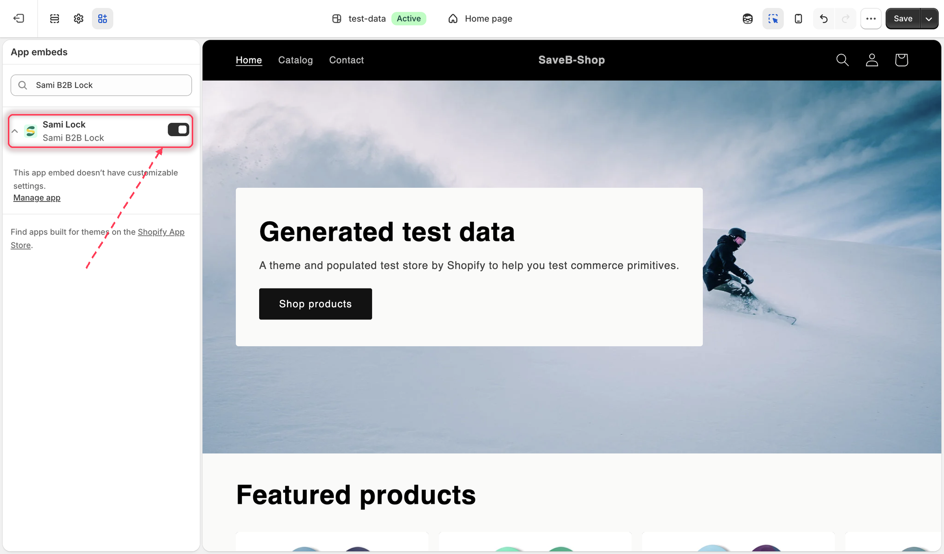 Shopify theme editor App embeds panel with the Sami Lock embed and its toggle