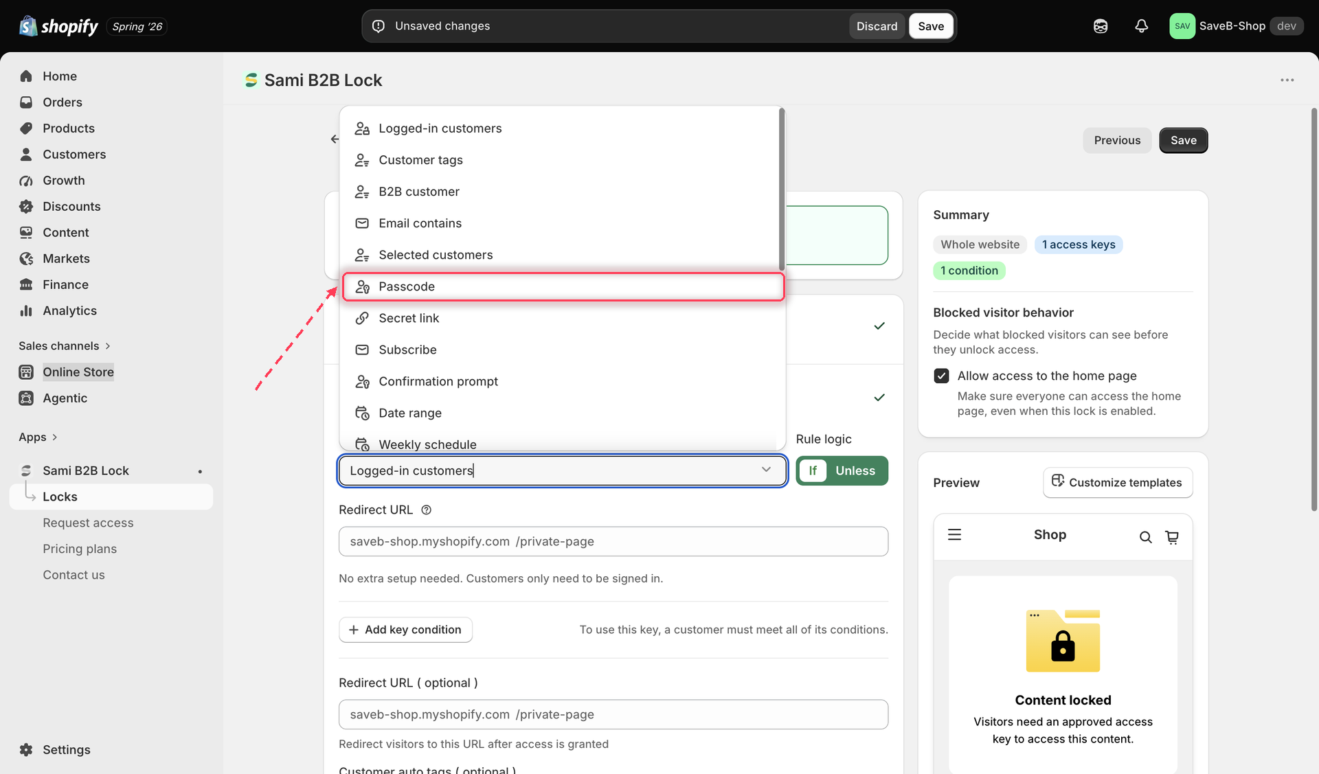 Access rule picker with Passcode selected as the condition type