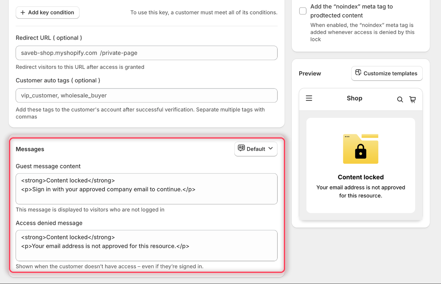 The Messages card showing both the Guest message content and Access denied message fields filled in with the example wording.
