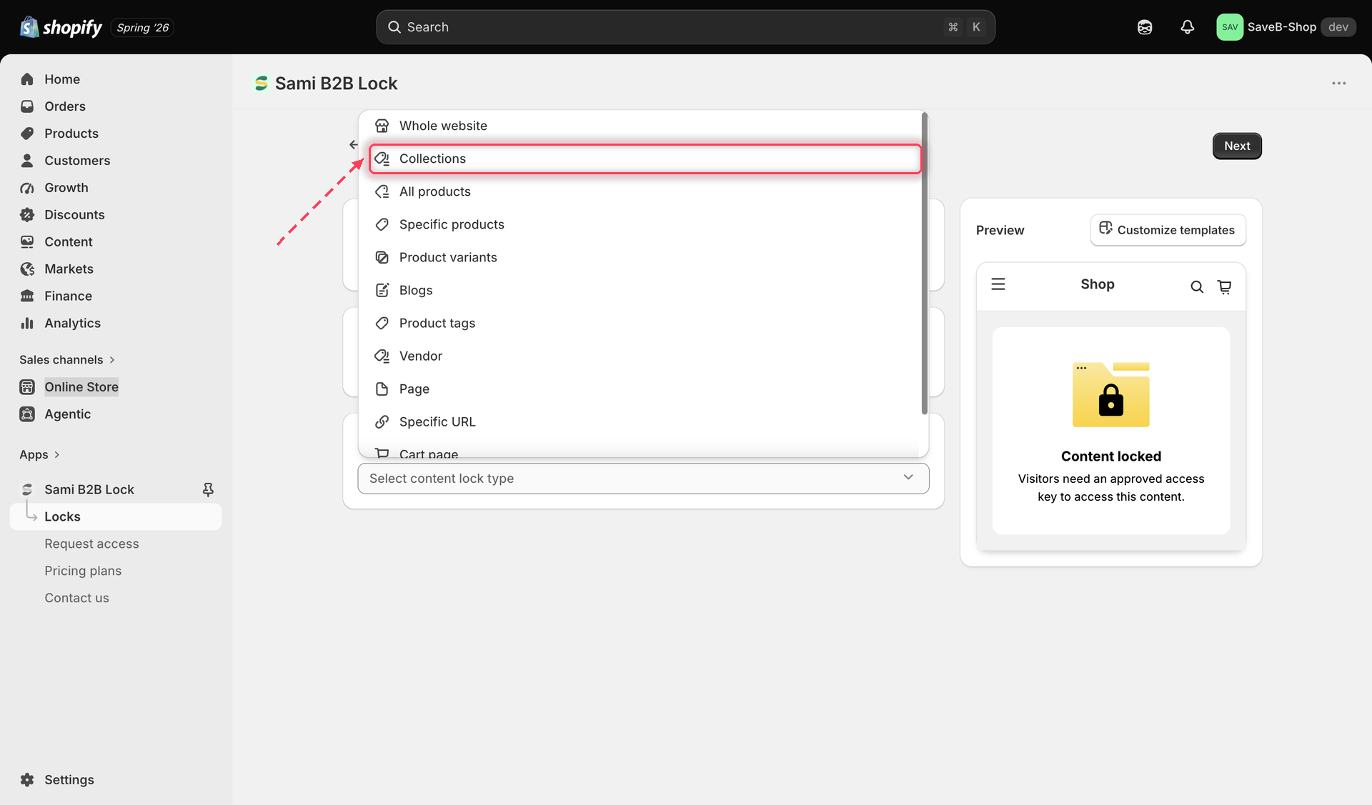 The content picker with Collections selected as the content type to lock.