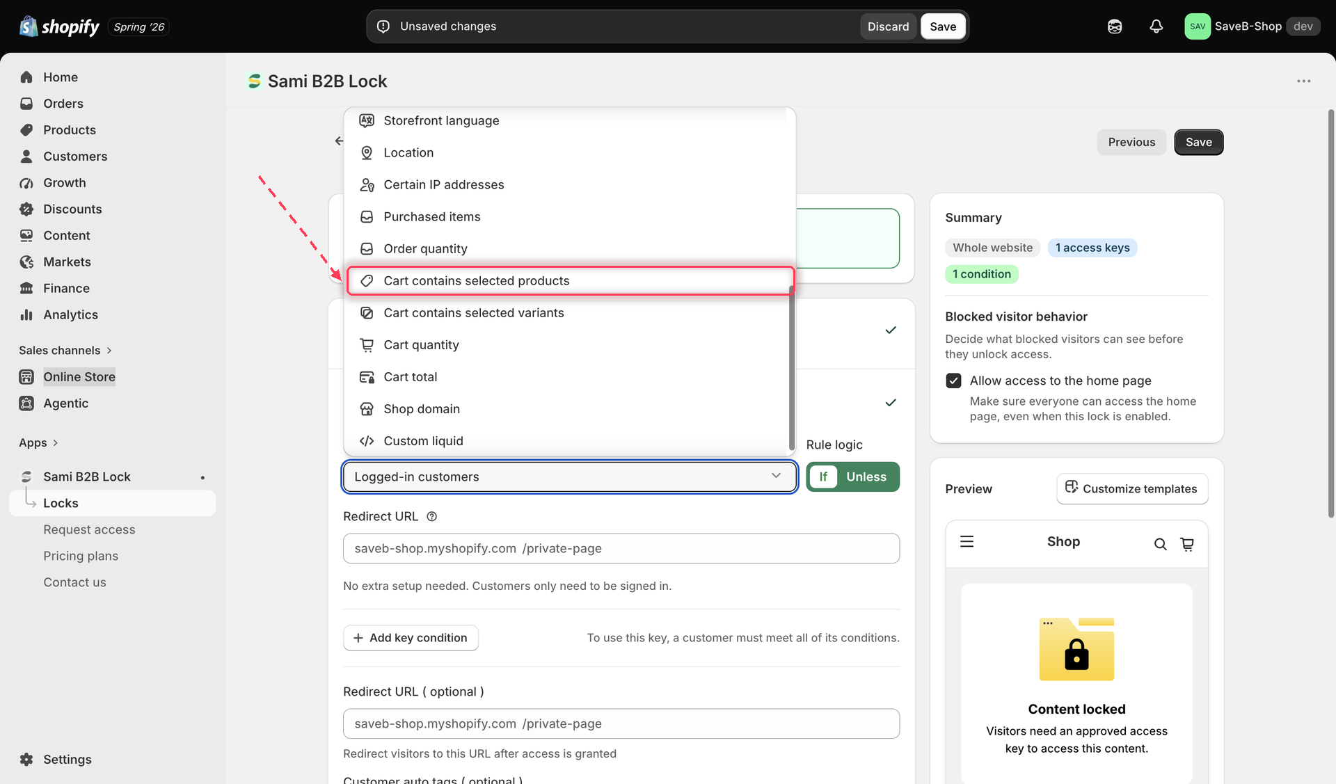 The Unlock rules tab's Condition type dropdown showing the four cart-related rule types: Cart contains selected products, Cart contains selected variants, Cart quantity, and Cart total.