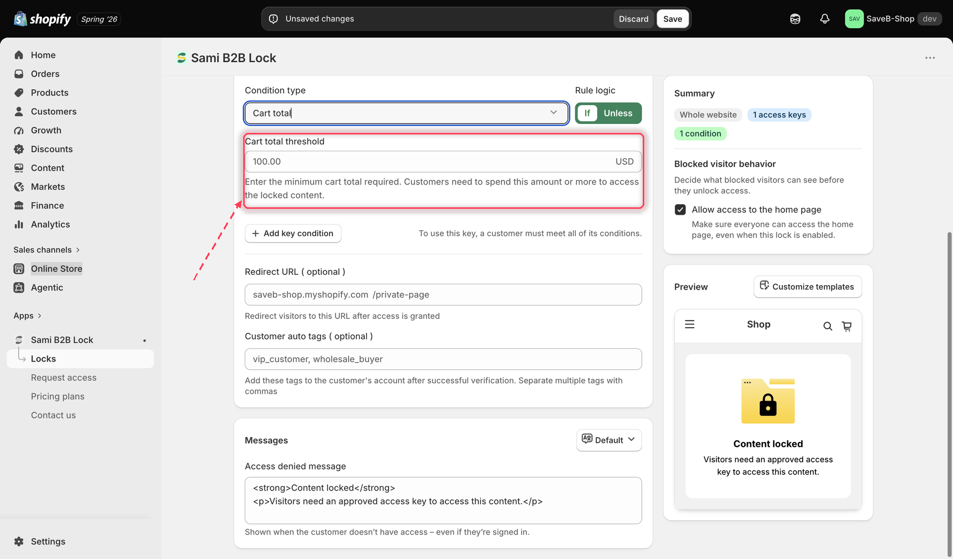 The Cart total rule settings, showing a currency input for the minimum cart subtotal required.