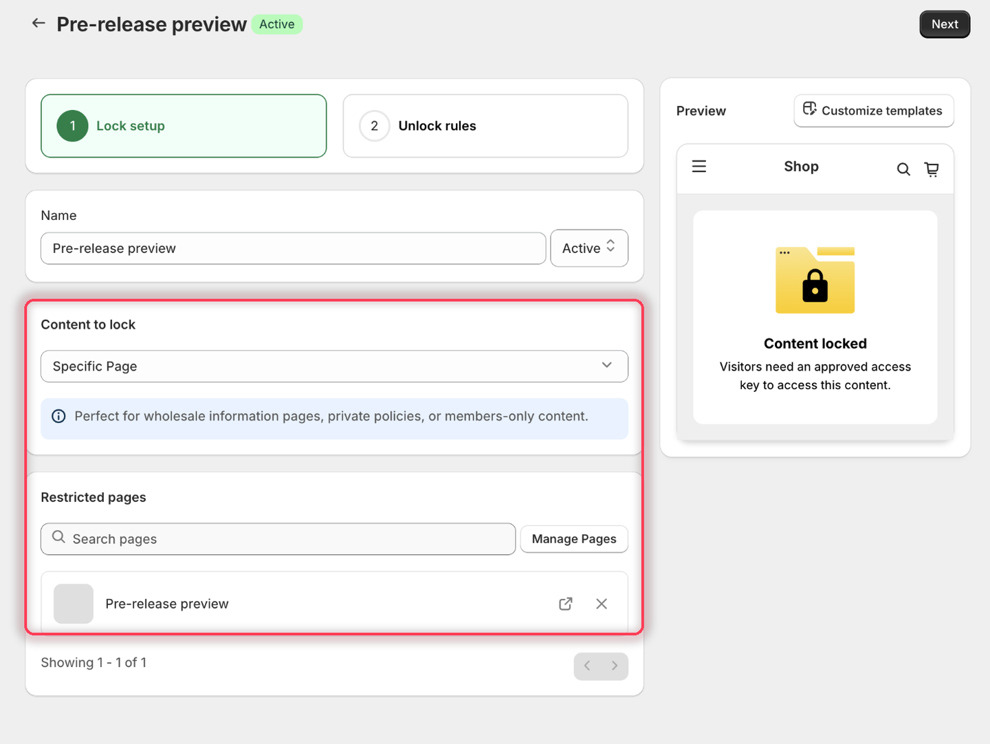 The Lock setup tab with Specific Page as the content type and the Pre-release preview page listed under Restricted pages.