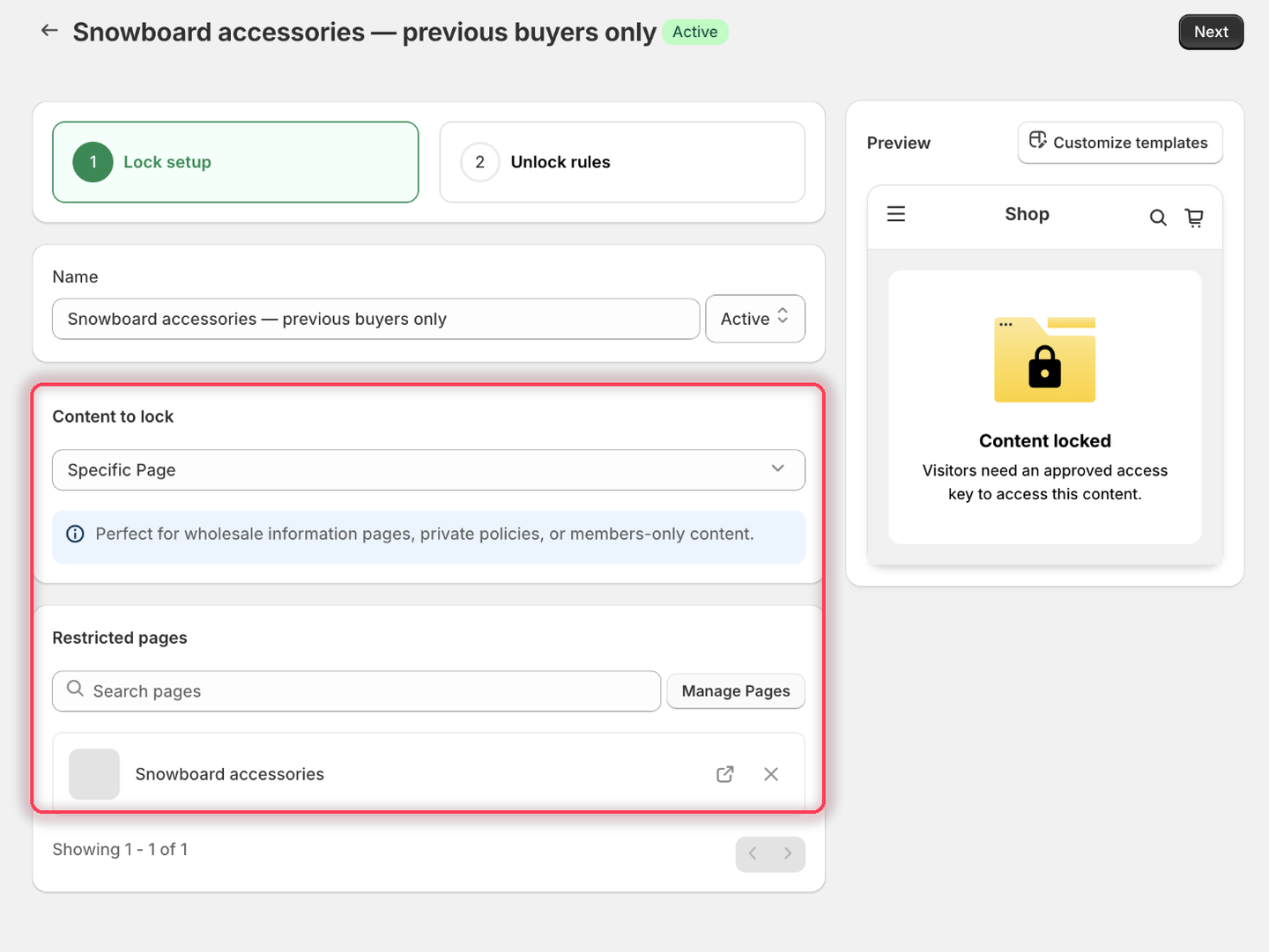 The Lock setup tab with Specific Page as the content type and the Snowboard accessories page listed under Restricted pages.