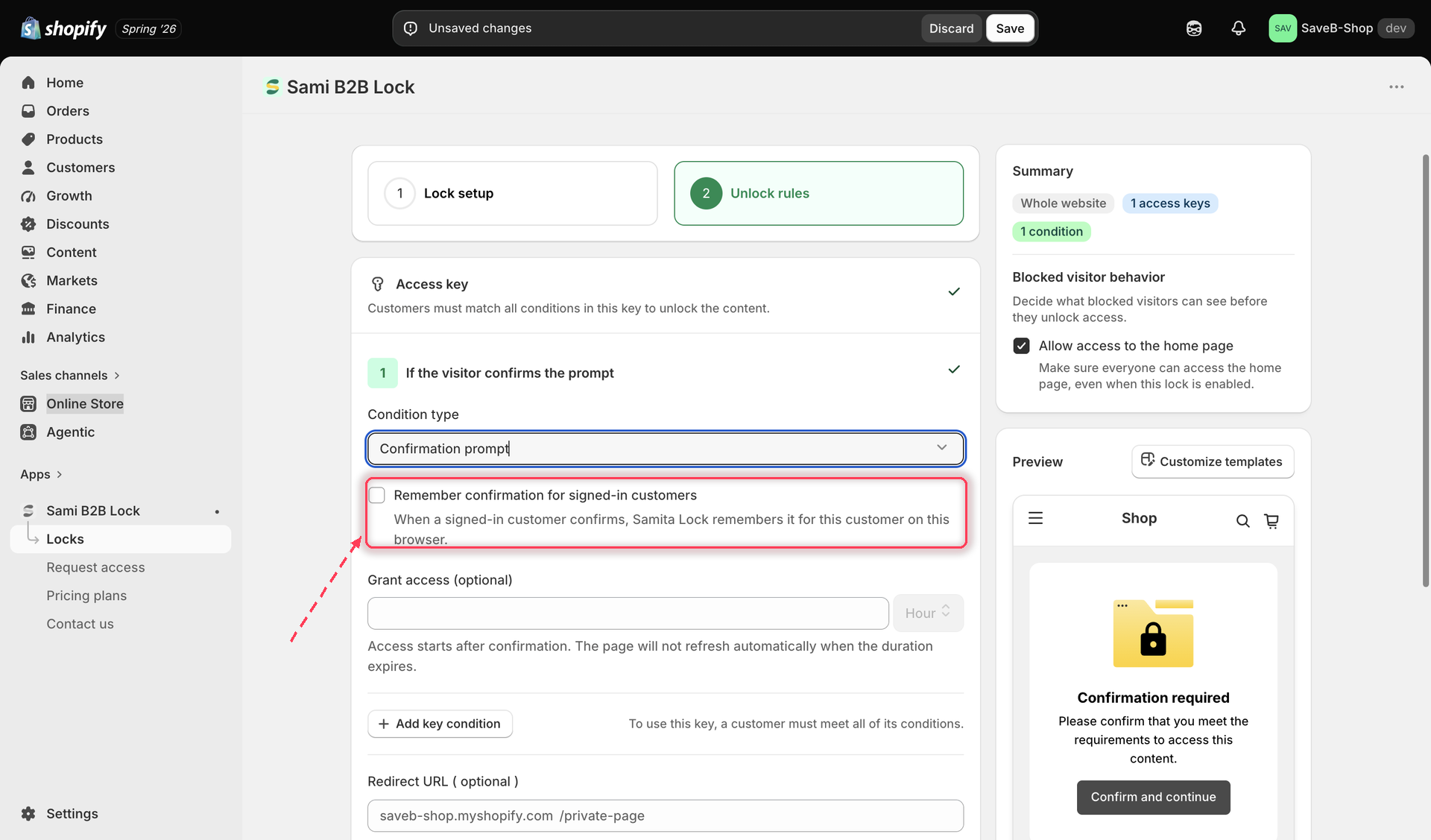 The Confirmation prompt rule settings, showing the Remember confirmation for signed-in customers toggle and the Grant access duration field.