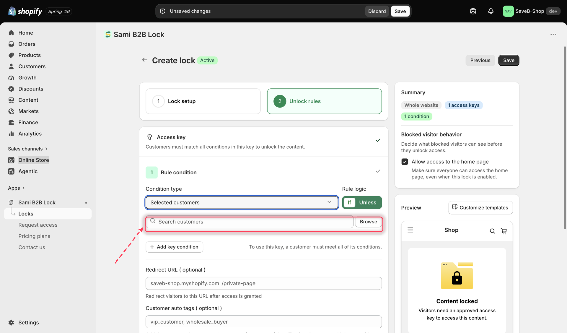 Access rule picker with Selected customers selected and a customer search field