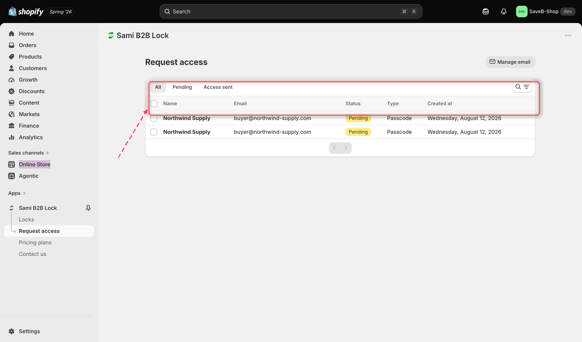 The Request access list showing the All, Pending, and Access sent tabs, a search field, and a table of submitted requests with name, email, status, type, and date columns.
