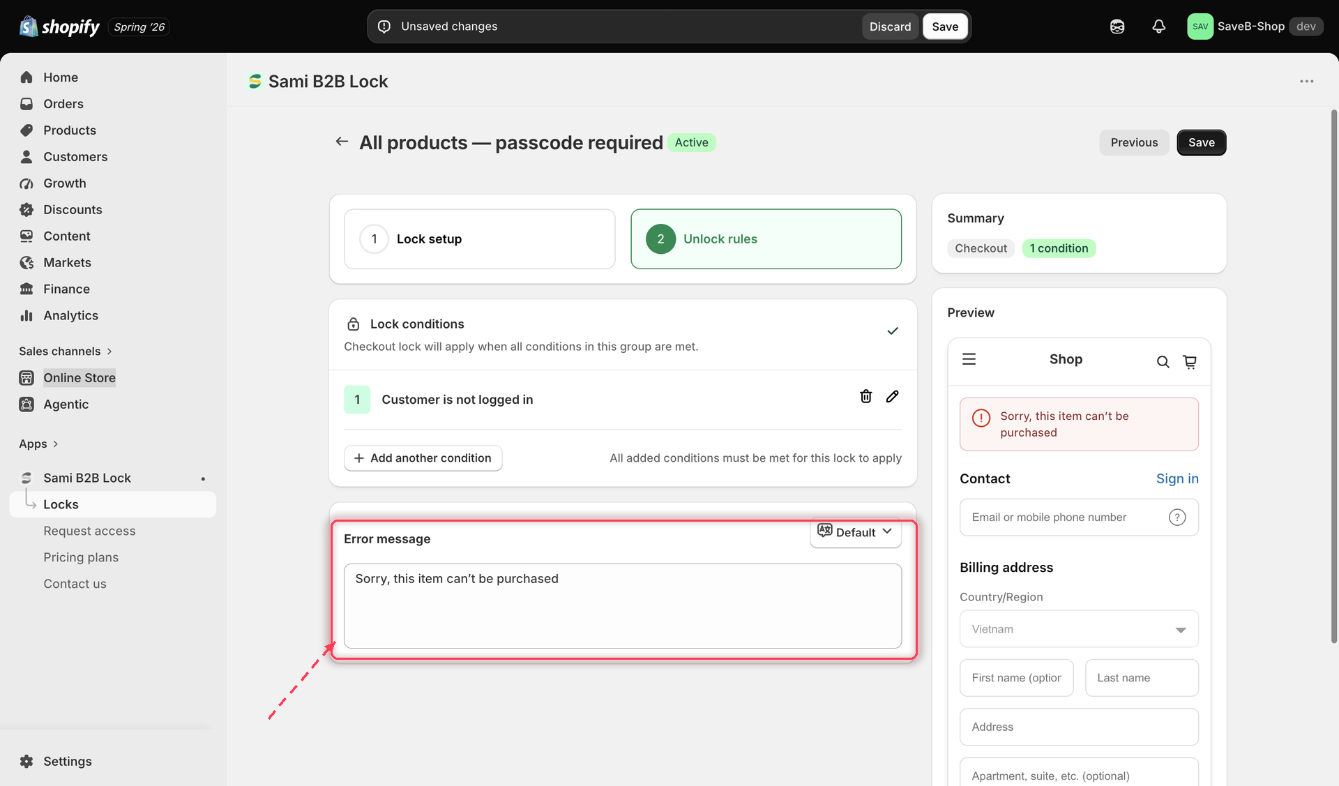 The Error message field for a Checkout lock with its per-language selector.