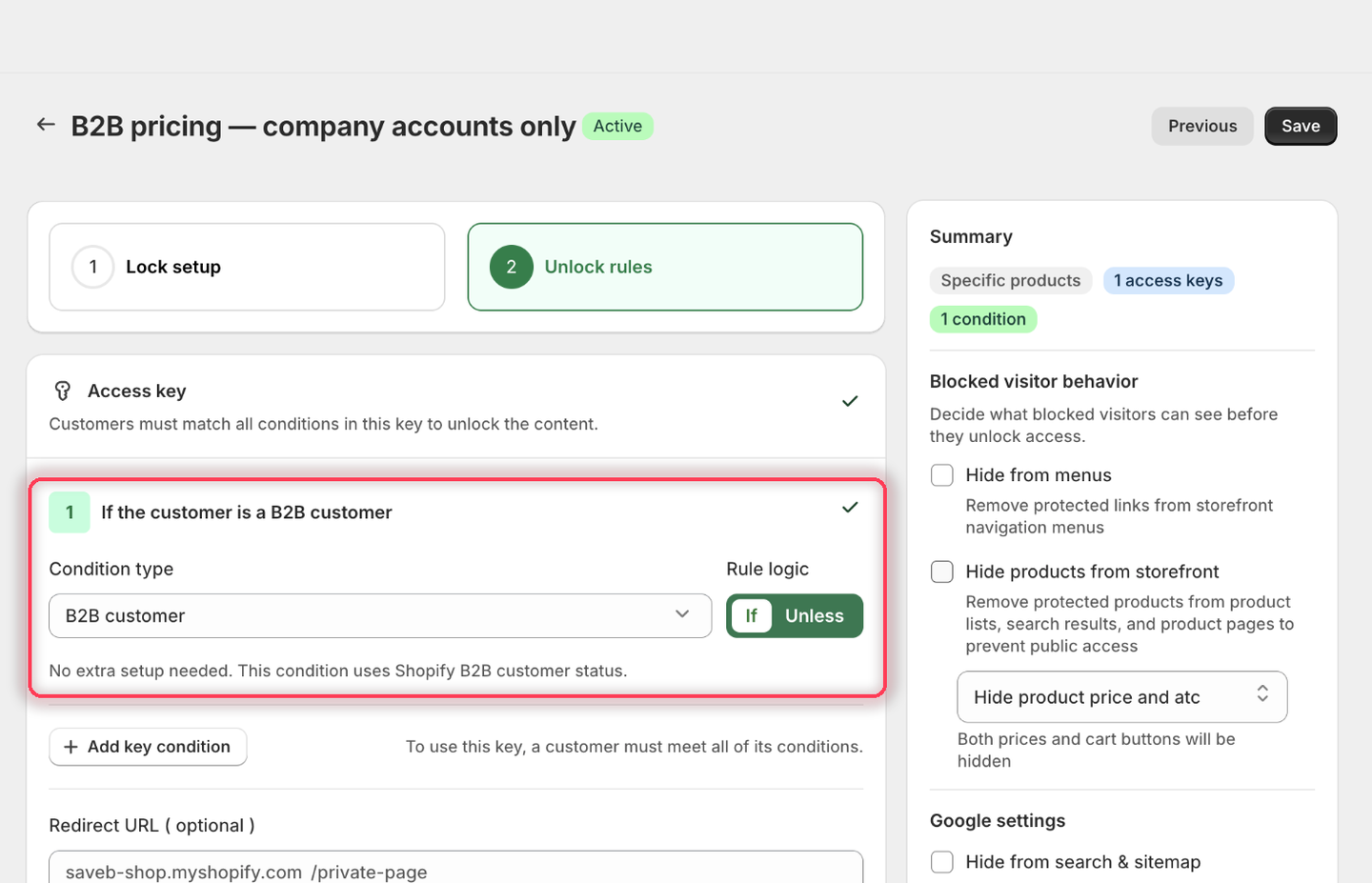 The B2B customer condition with Rule logic set to If and a note that the condition uses Shopify B2B customer status.