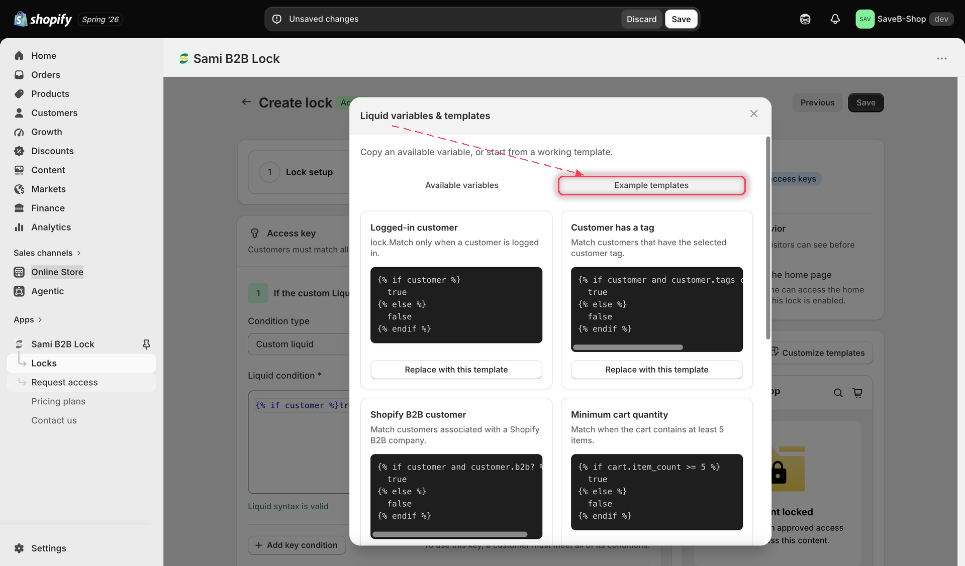 Example templates panel with a list of ready-made Liquid snippets to use as a starting point