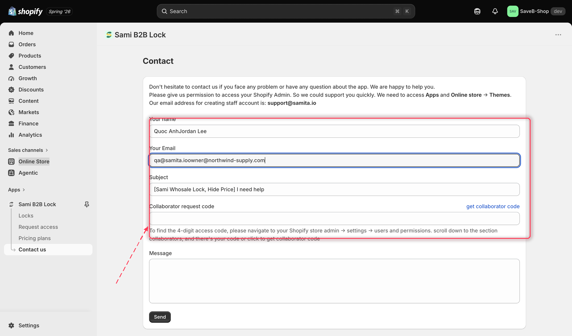 The app's in-app Contact us page showing the name, email, subject, and message fields