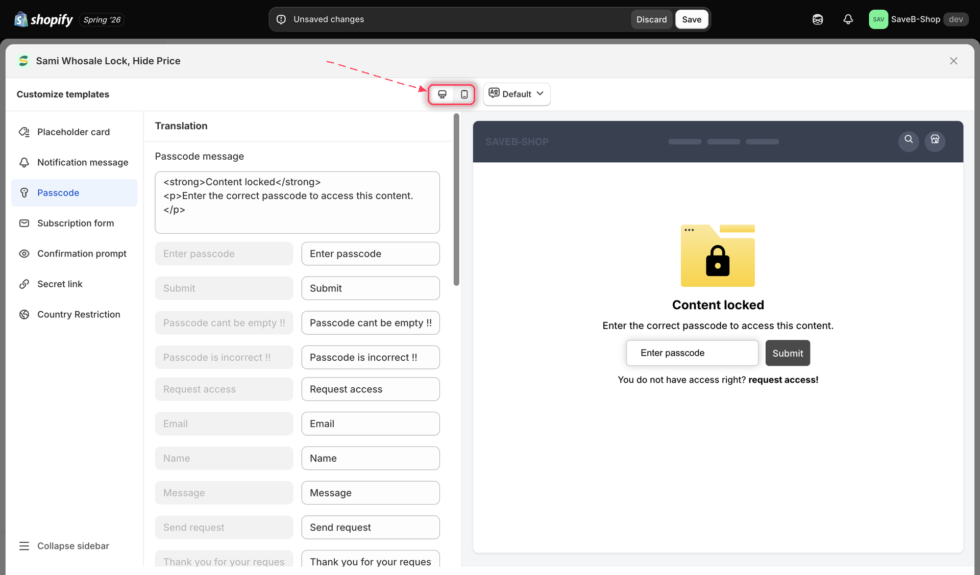 Desktop and mobile preview toggle at the top of the Customize templates panel
