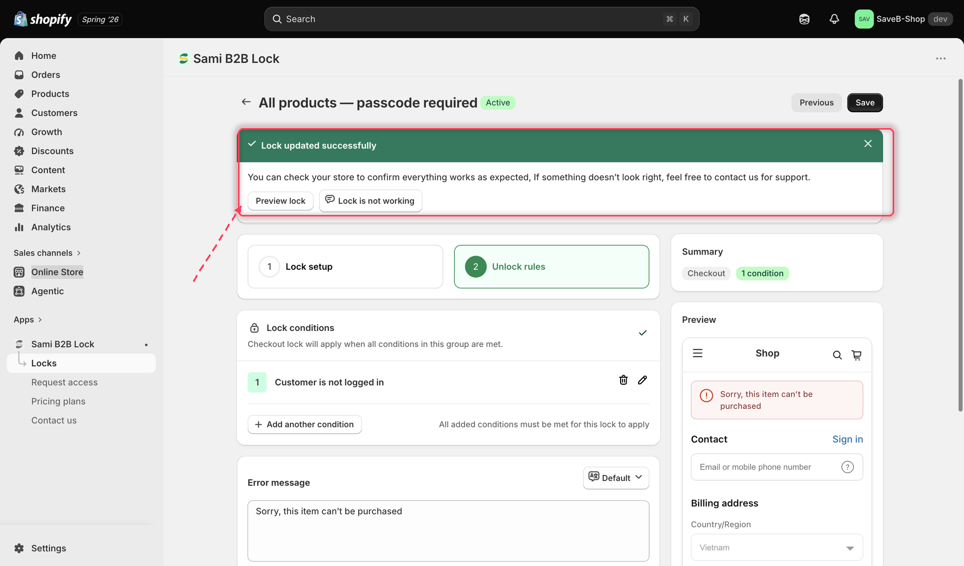 Lock summary screen before saving, showing content, access rule, and behavior