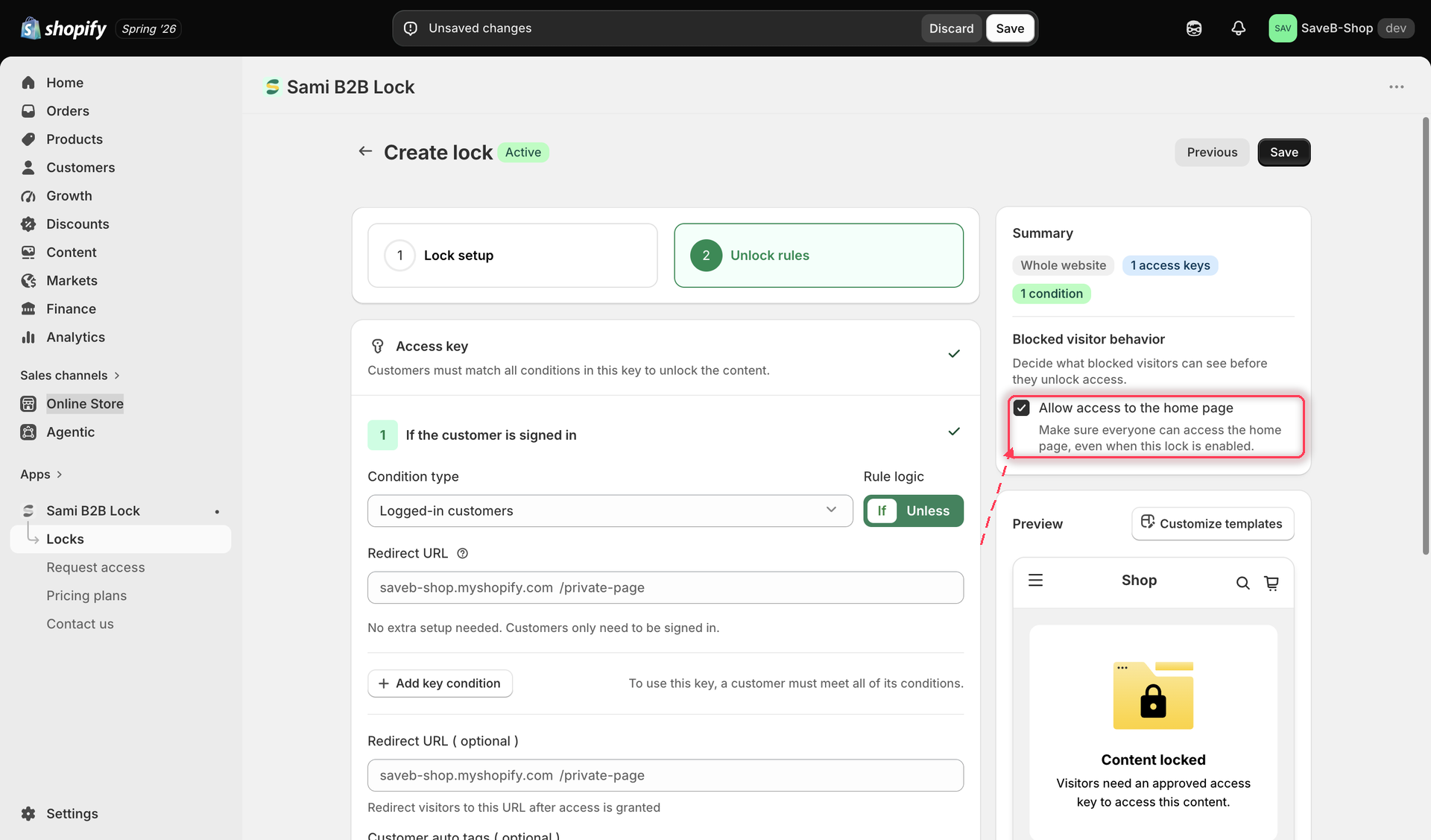 The Allow access to the home page toggle for a Whole Website lock.