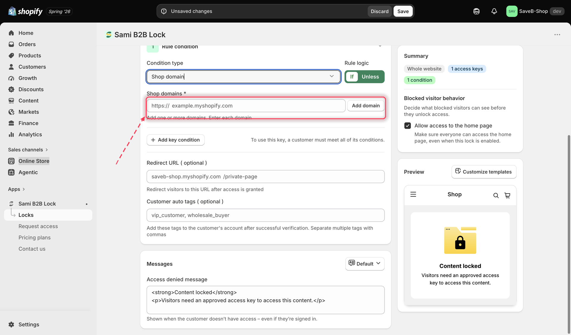 The Shop domain rule settings, showing a list input for entering exact domains.