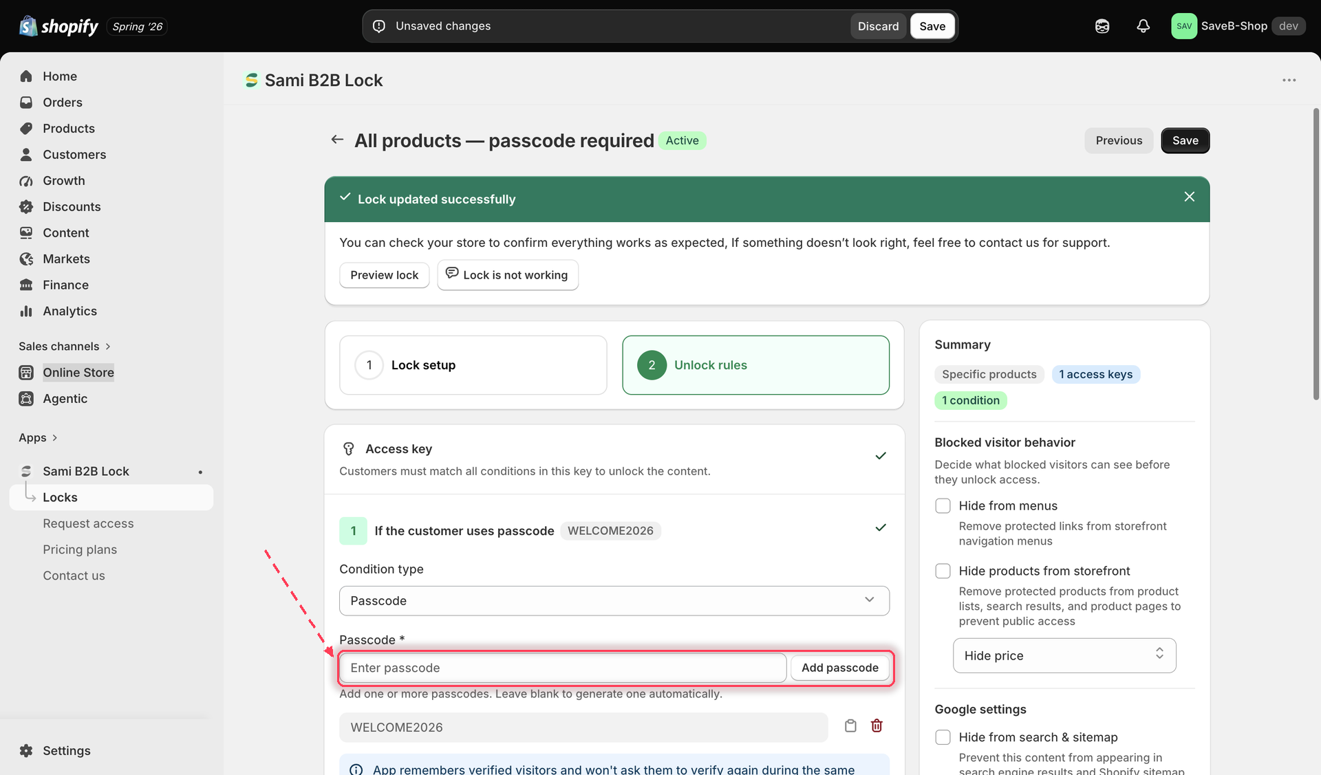 Passcode field with a code entered and the Add Passcode button