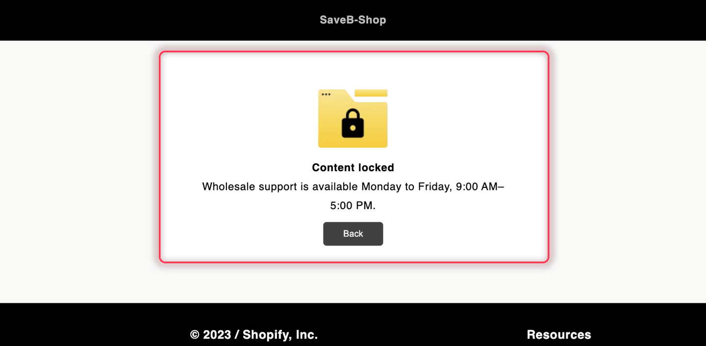 The locked Wholesale support page displaying the configured business-hours message.