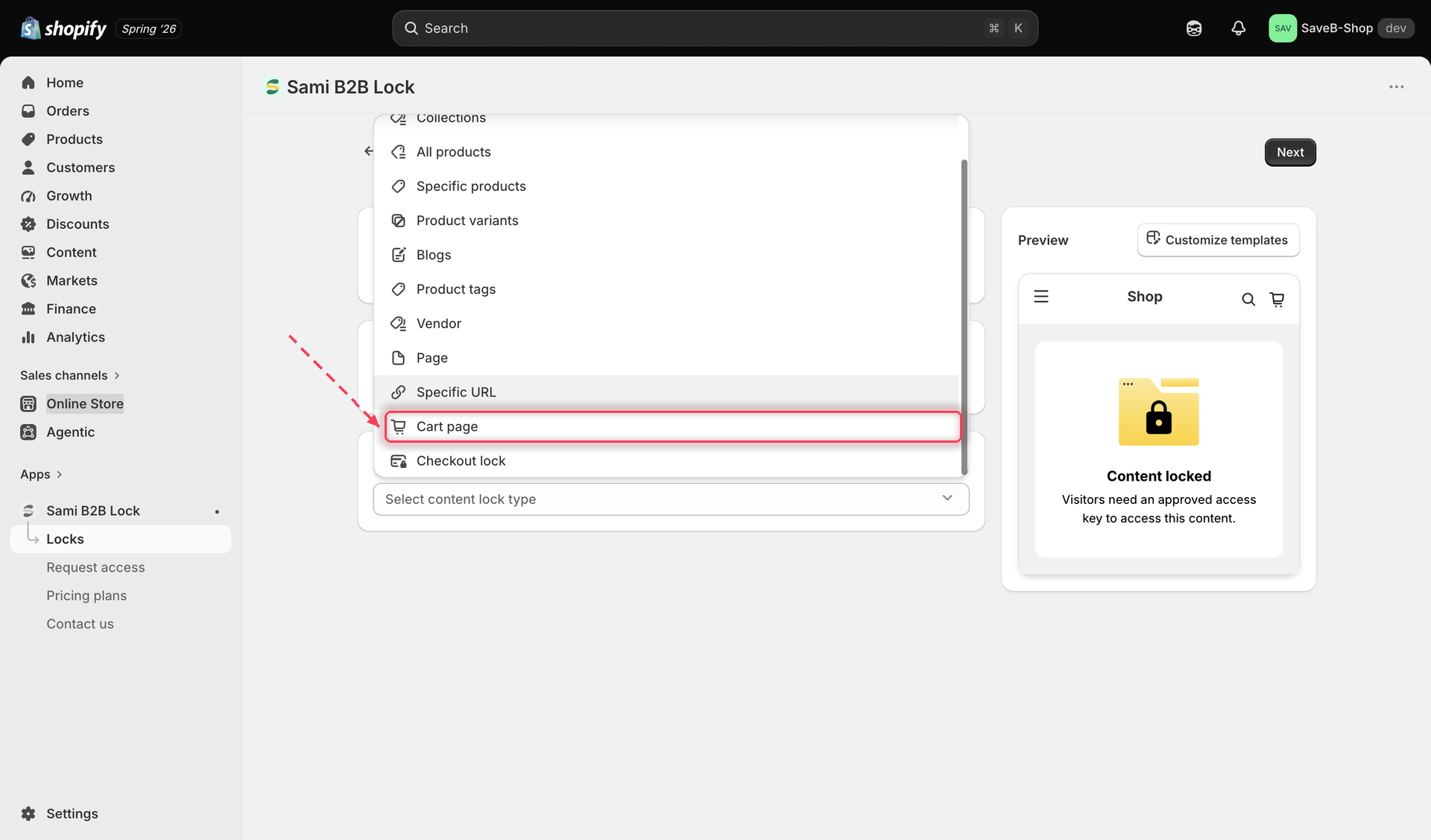 The content picker with Cart page selected as the content type.
