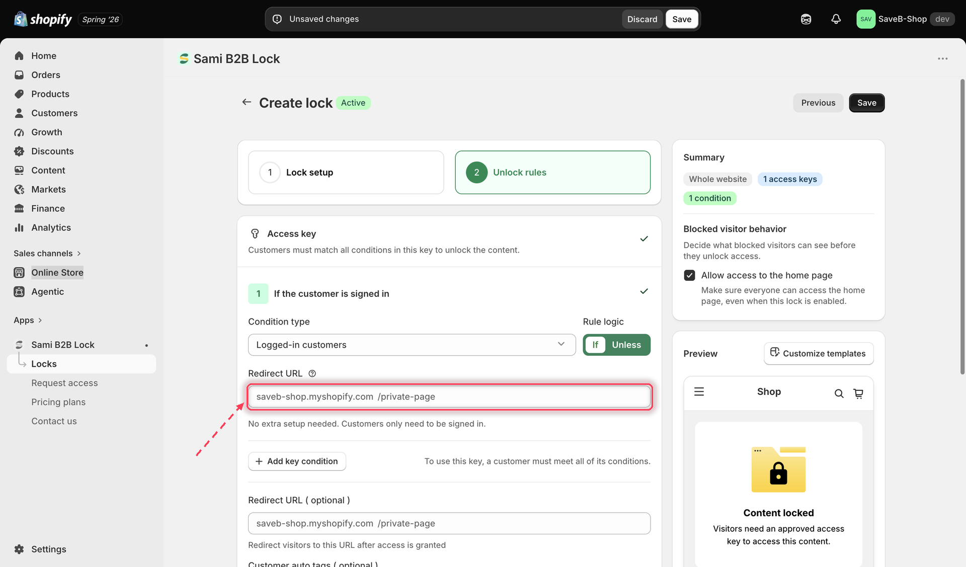 A rule's individual Redirect URL field with a tooltip explaining that visitors without access will be redirected there.