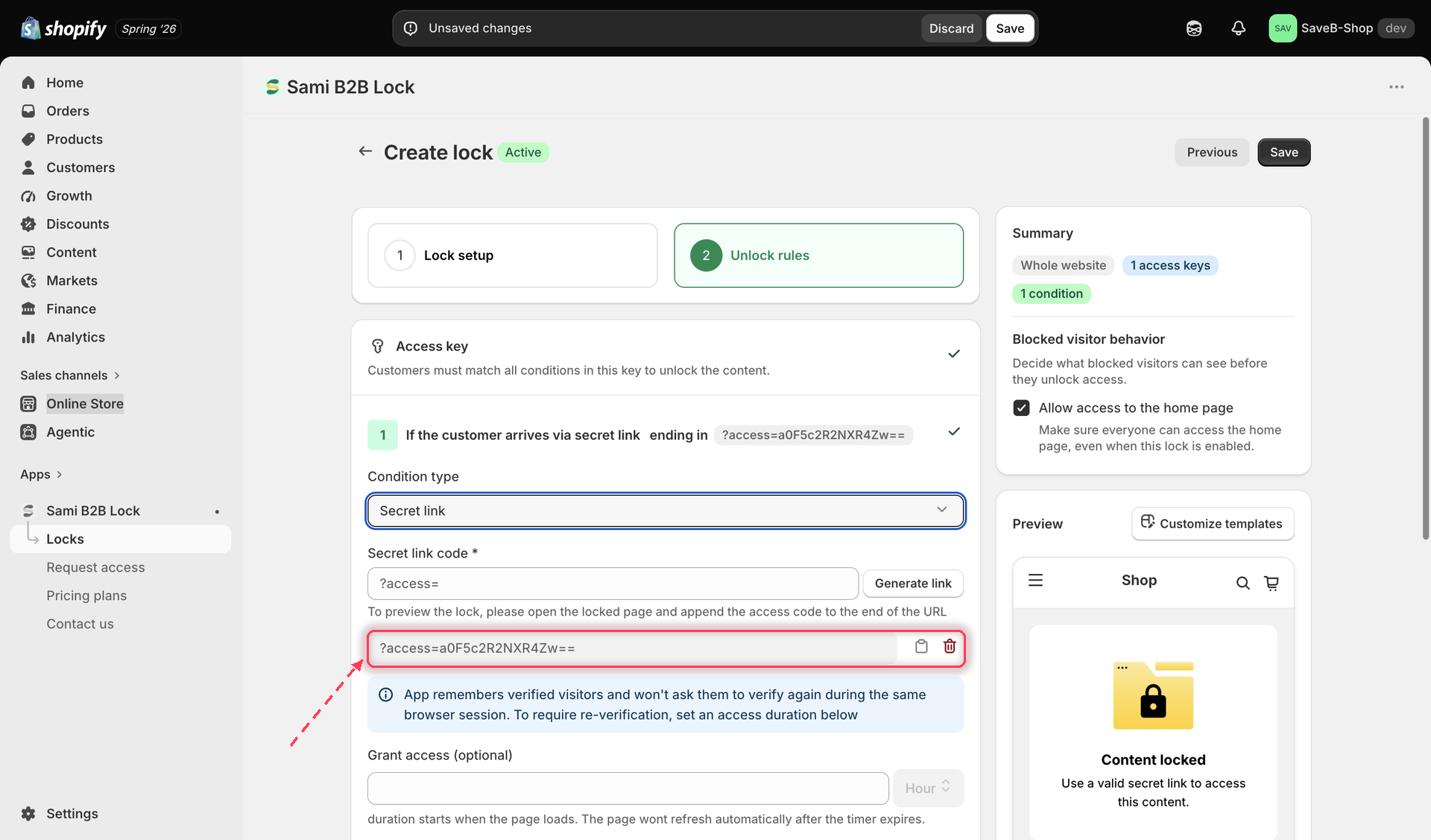 List of active secret links with copy and delete controls next to each one