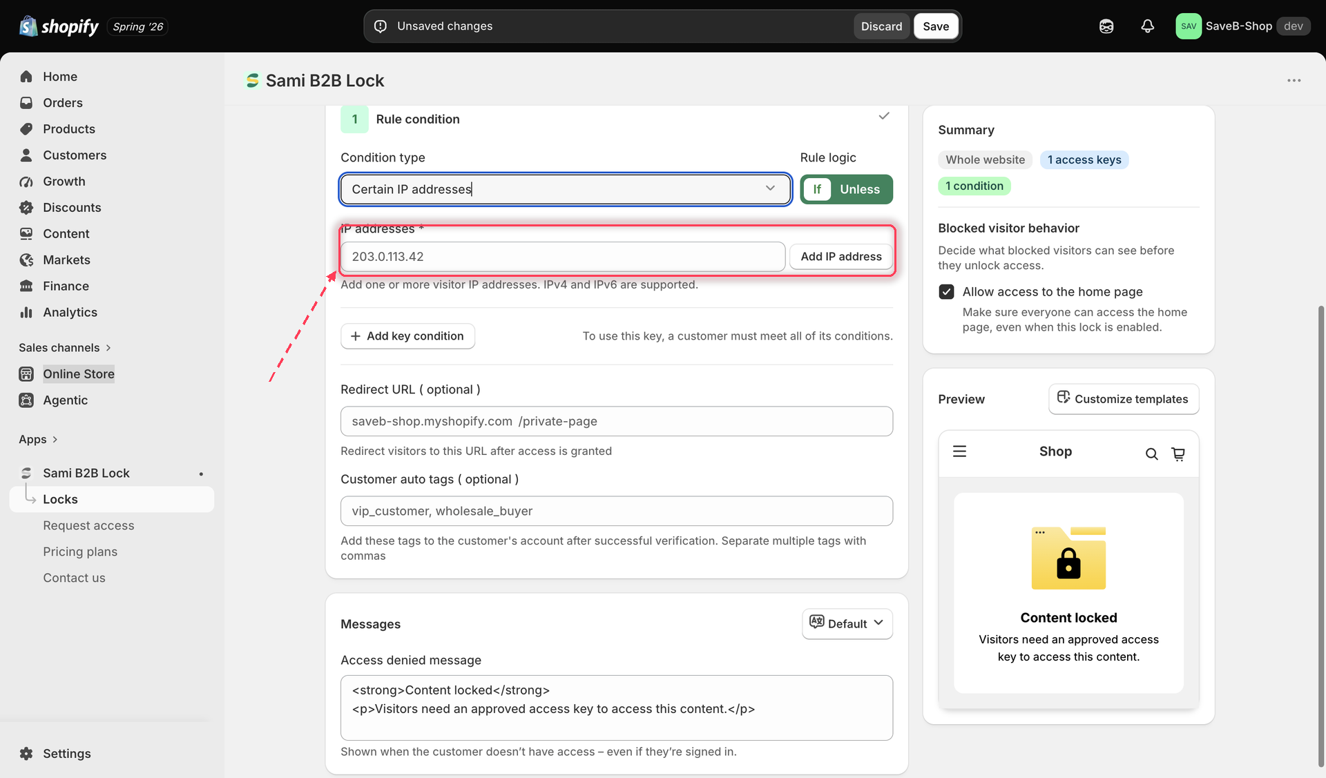 The Certain IP addresses rule settings, showing a list input for entering exact IP addresses.