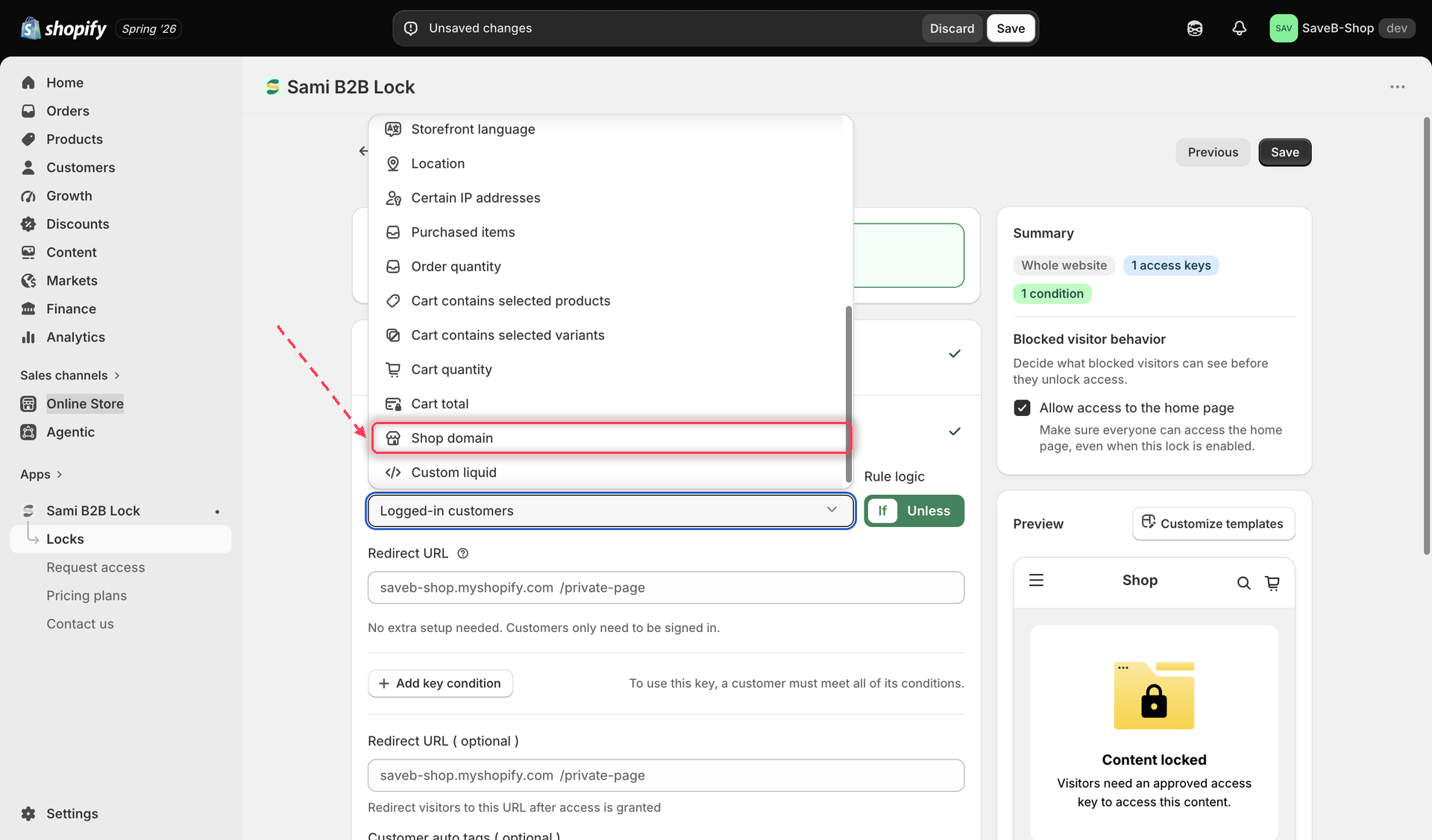 The Unlock rules tab with Shop domain selected in the Condition type dropdown.