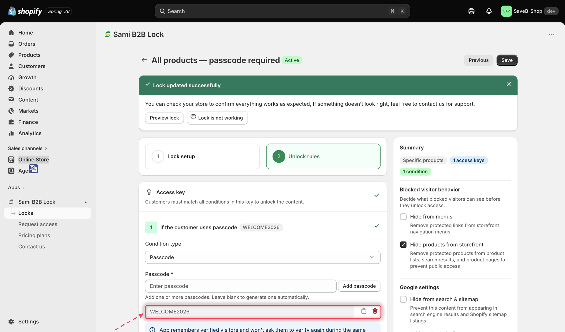 List of active passcodes with copy and delete controls next to each one