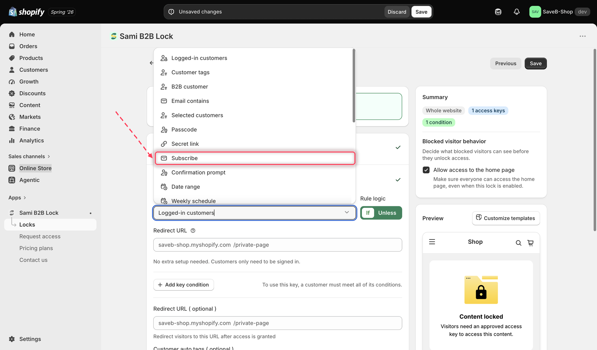 The Unlock rules tab with Subscribe to unlock selected in the Condition type dropdown.