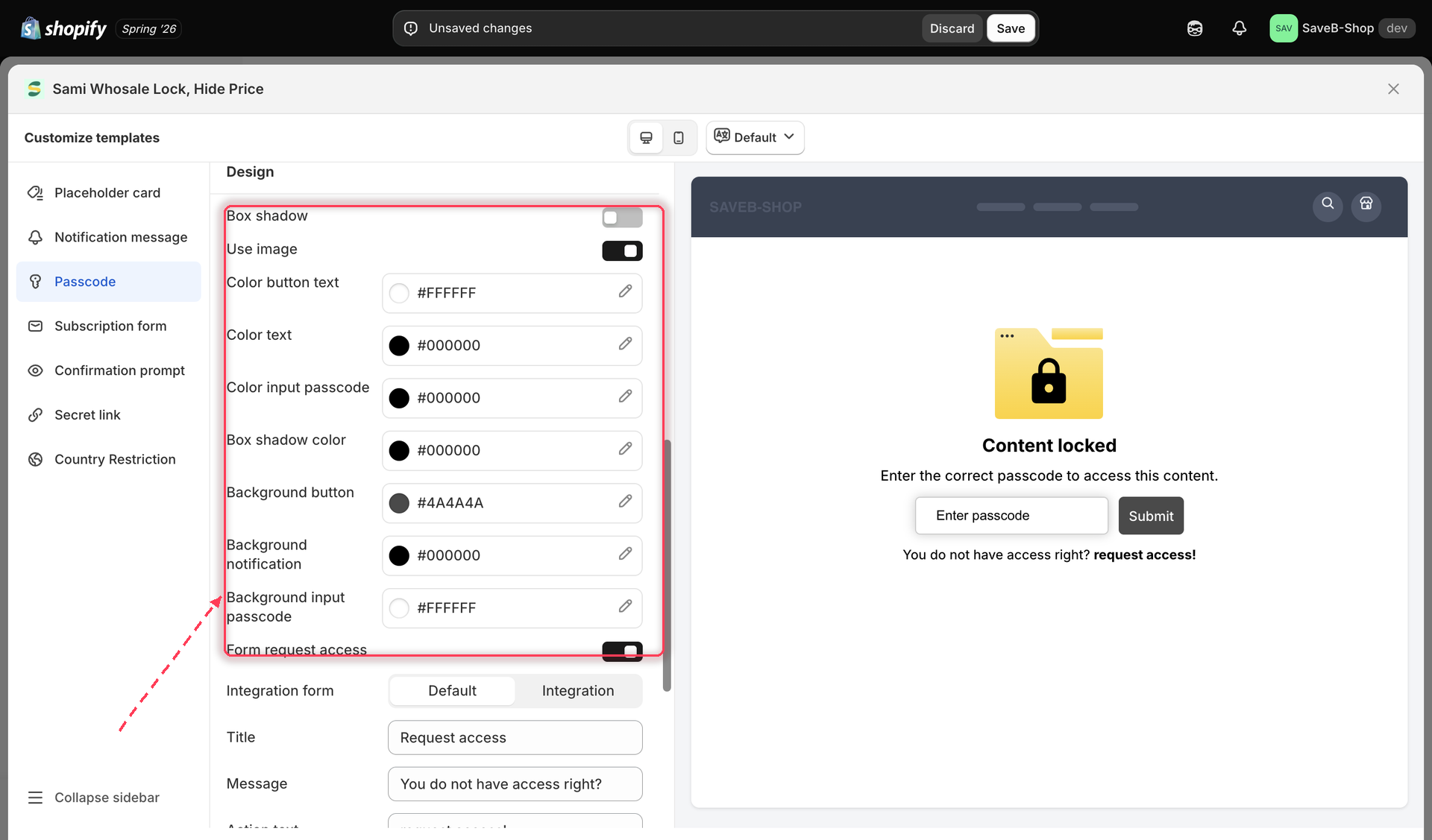 Design settings panel showing passcode input color options