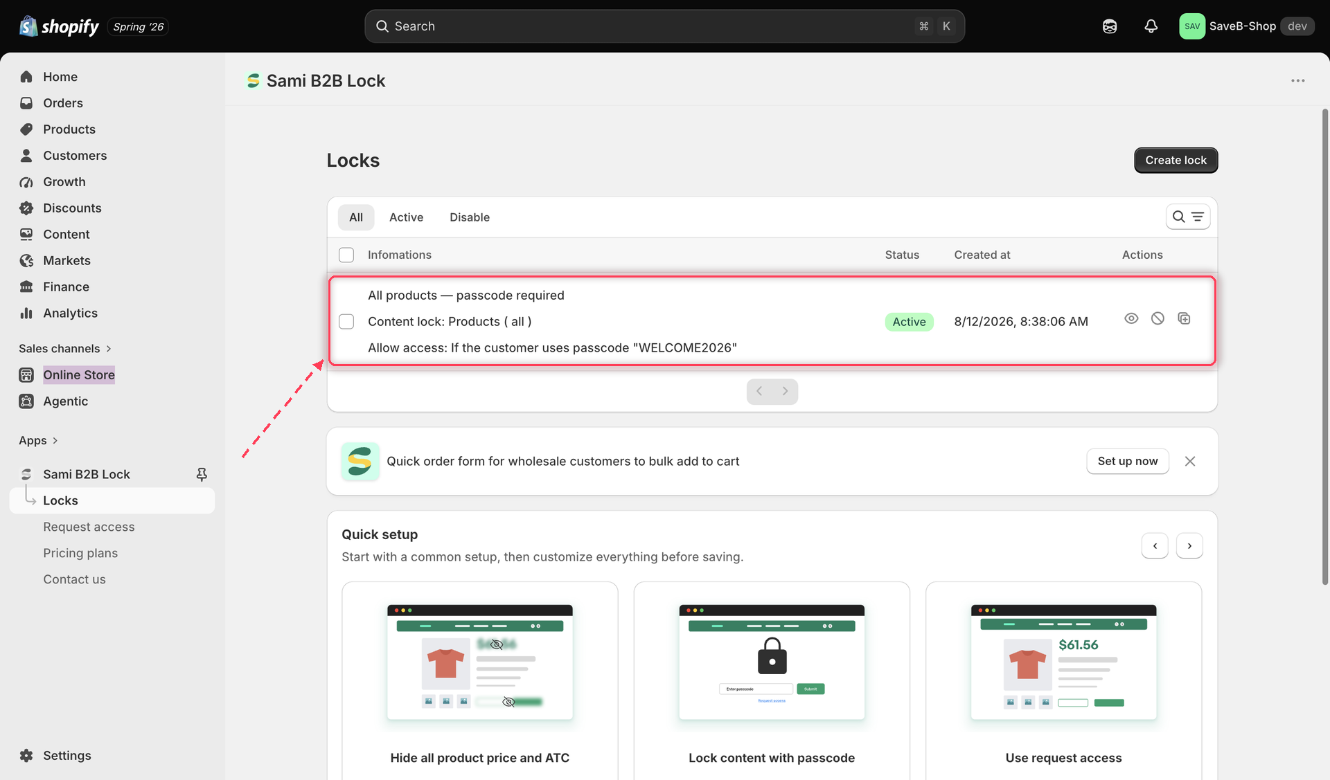 The Locks list showing several locks with their status, content type, and action icons.