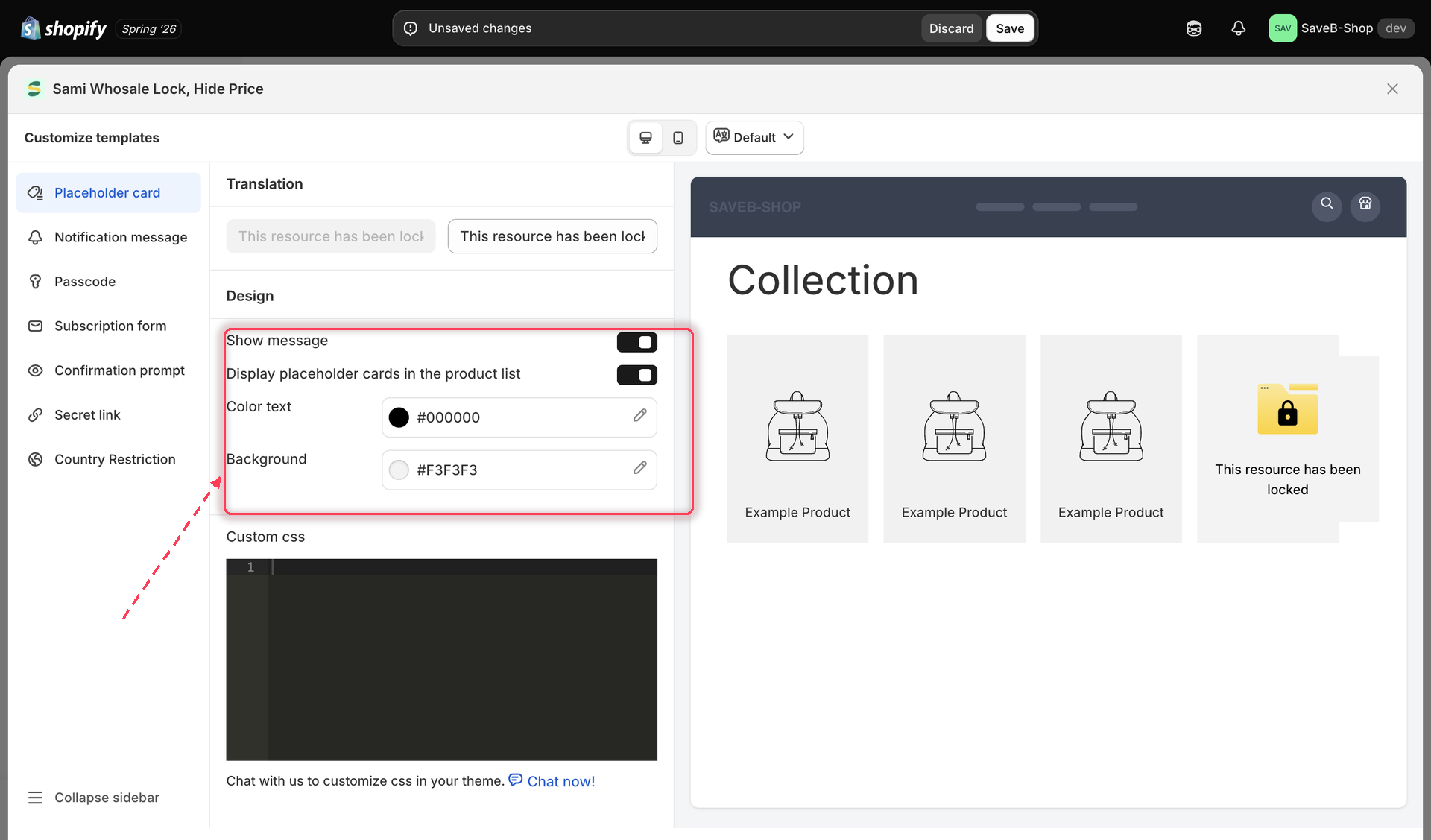 The Placeholder card screen selected in the Customize templates panel, with its own settings and preview