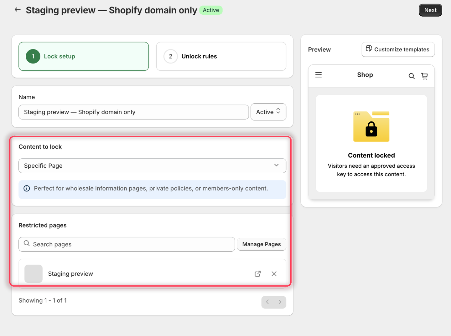 The Lock setup tab with Specific Page as the content type and the Staging preview page listed under Restricted pages.