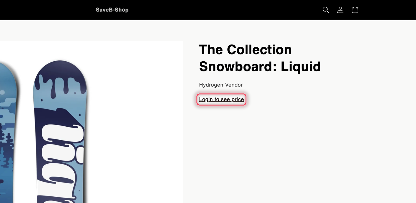A live storefront product page seen by a non-B2B visitor: product image, title, and vendor are visible, with a Login to see price link where the price would be and no Add to cart button.