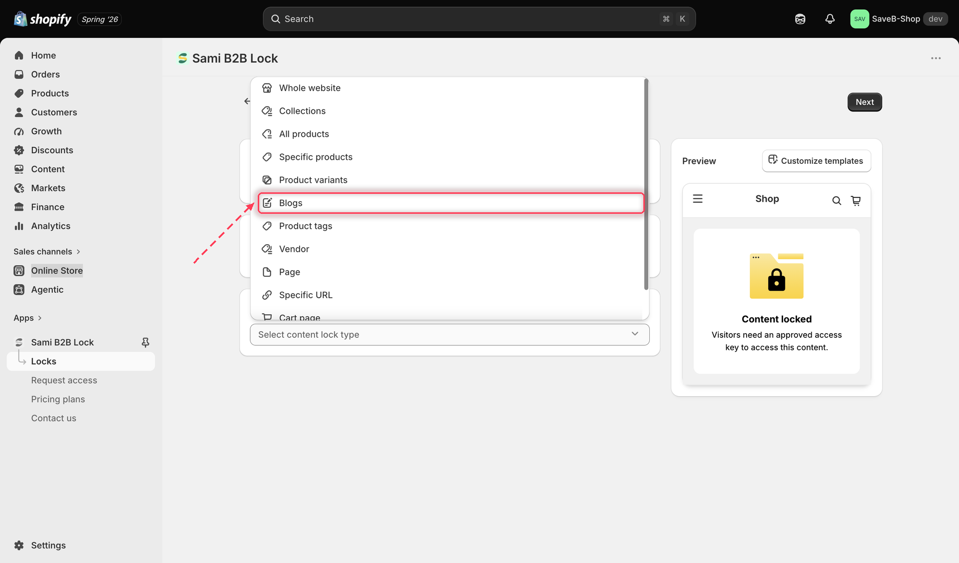 The content picker with Blogs selected as the content type to lock.
