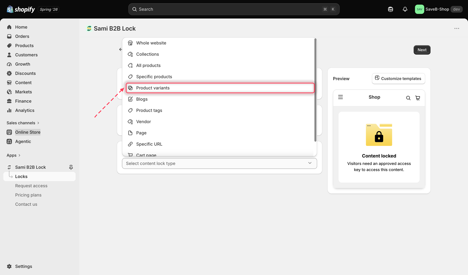 The Content to lock dropdown with Product variants selected.
