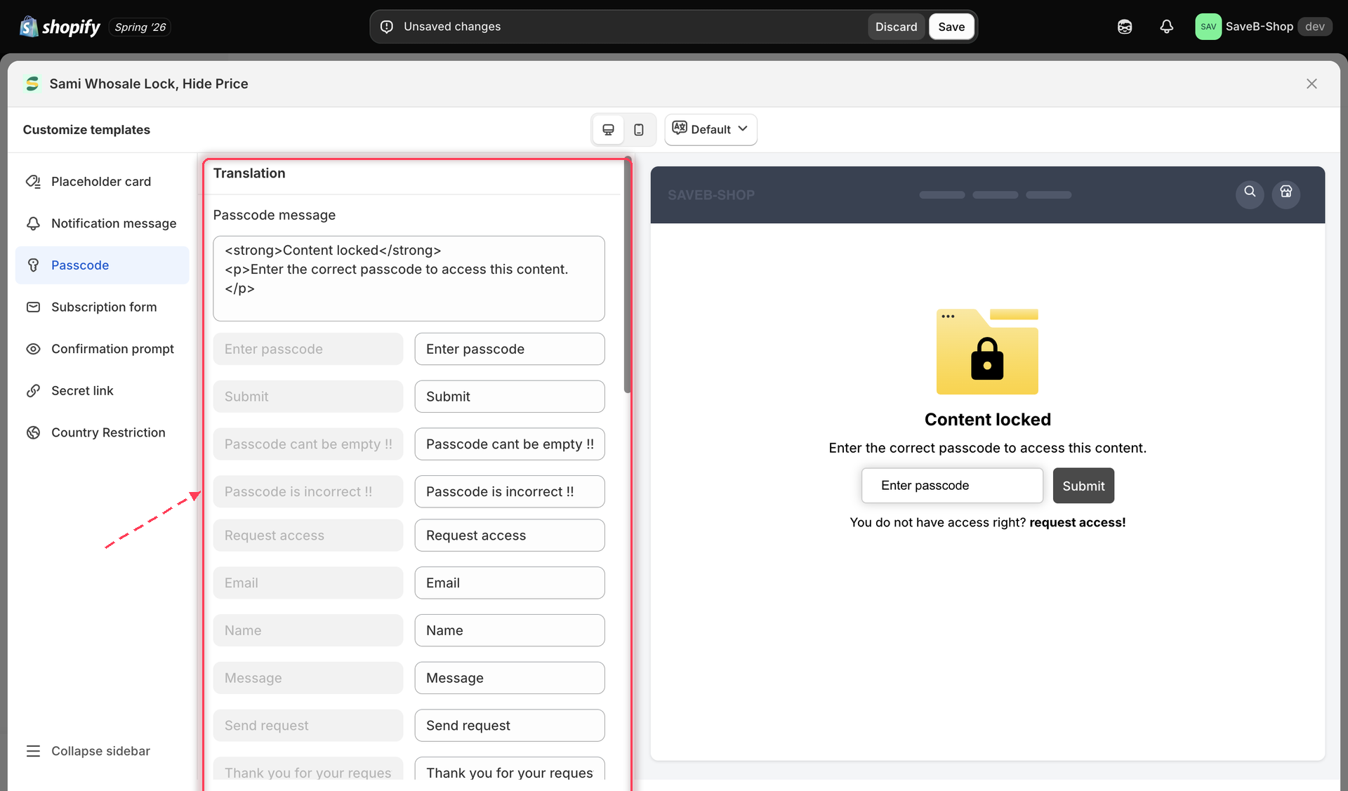Customize templates panel with the Translation section open above the Design section