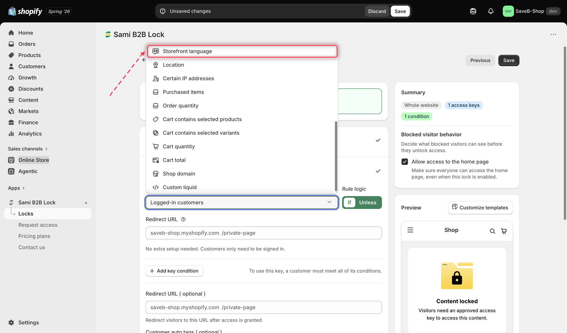 The Unlock rules tab with Storefront language selected in the Condition type dropdown.