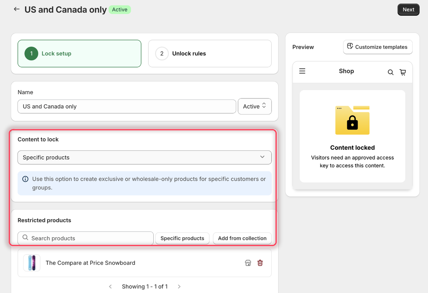 The Lock setup tab with Specific products as the content type and one product listed under Restricted products.