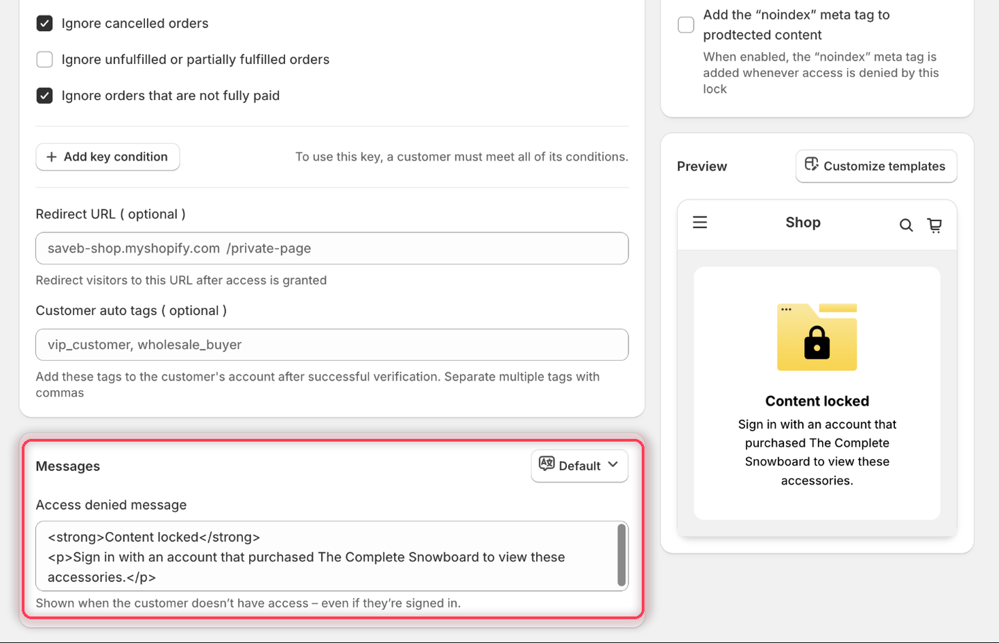 The Messages card with a single Access denied message field set to the previous-purchase wording, and the Preview panel rendering it.