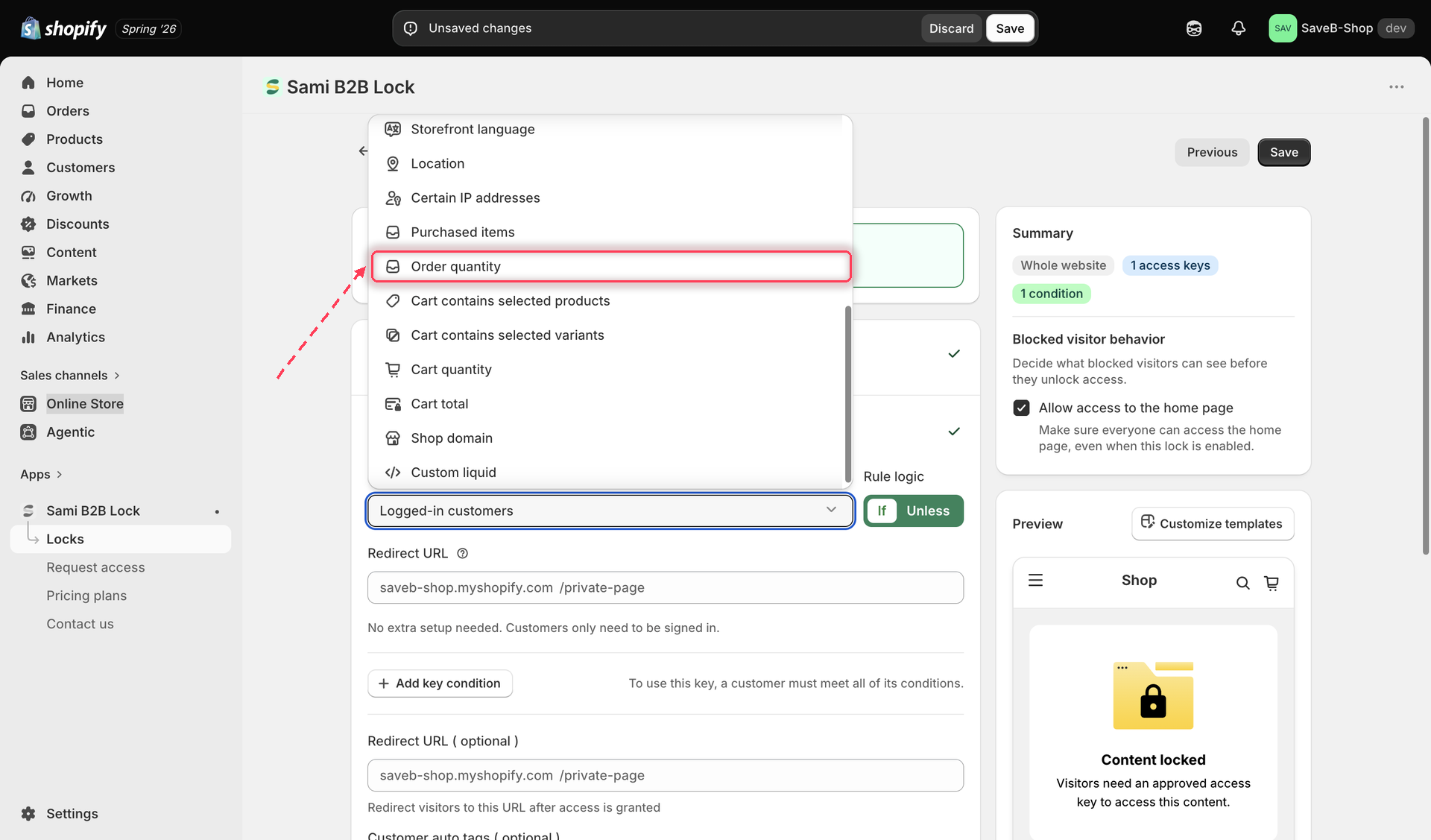 The Unlock rules tab with Order quantity selected in the Condition type dropdown.