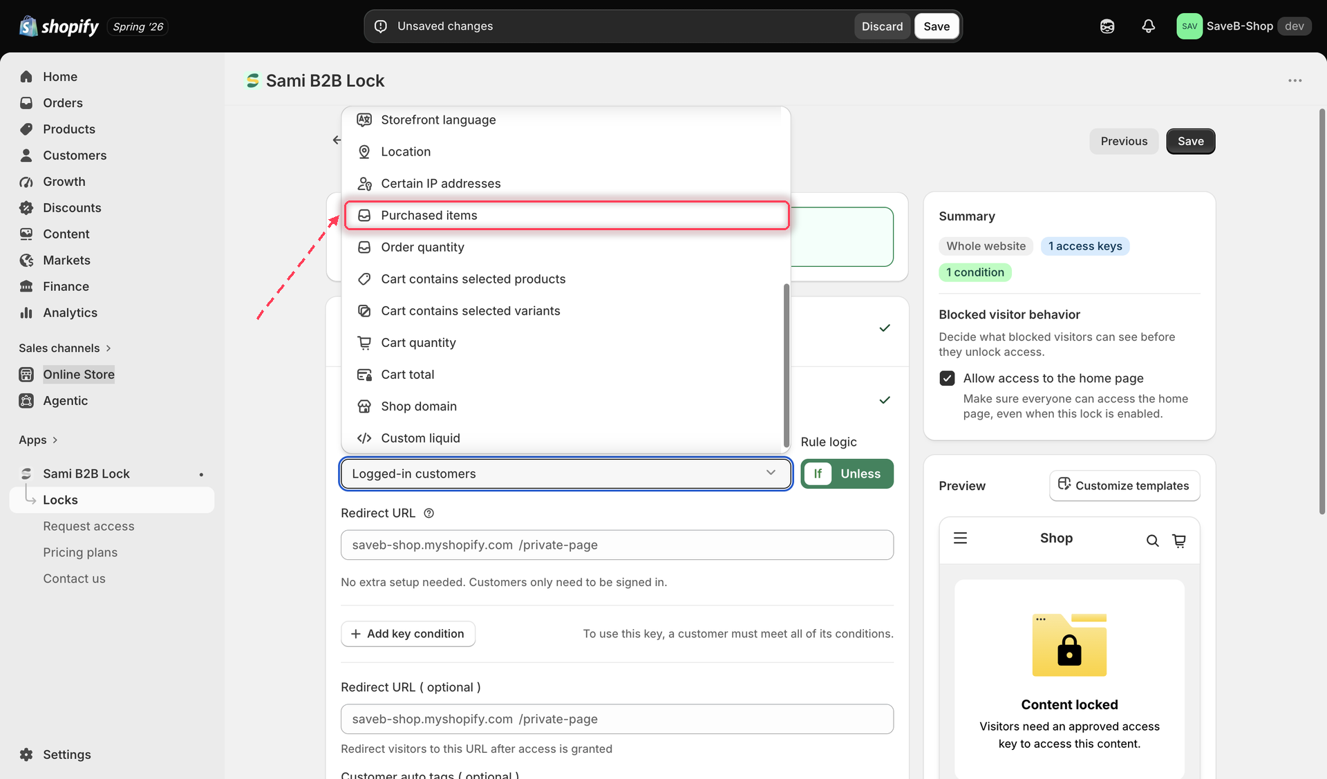 The Unlock rules tab with Purchased items selected in the Condition type dropdown.