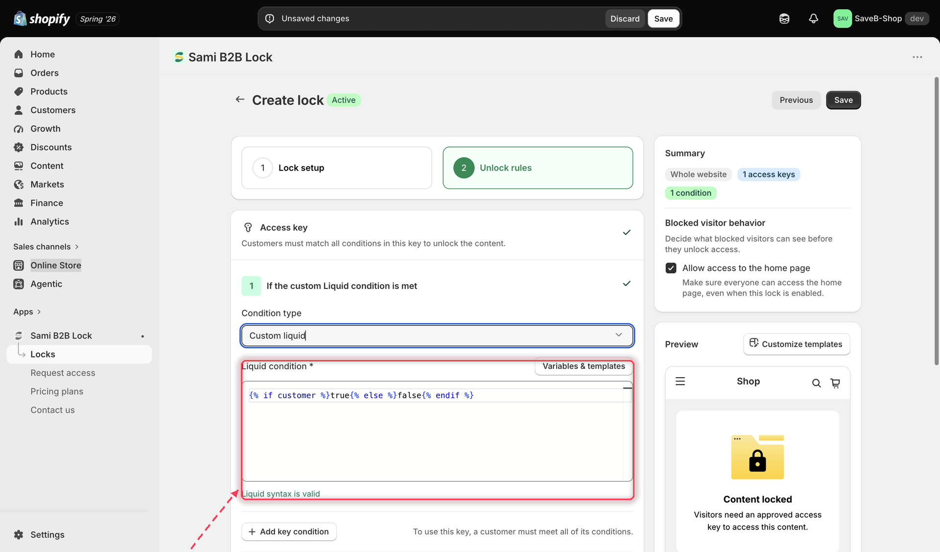 Custom liquid code editor with a snippet and a syntax validation indicator