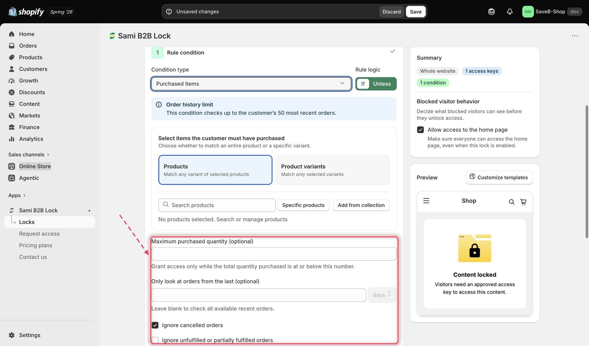 The Purchased items rule settings, showing the maximum purchased quantity field, lookback window in days, and ignore-order-status checkboxes.