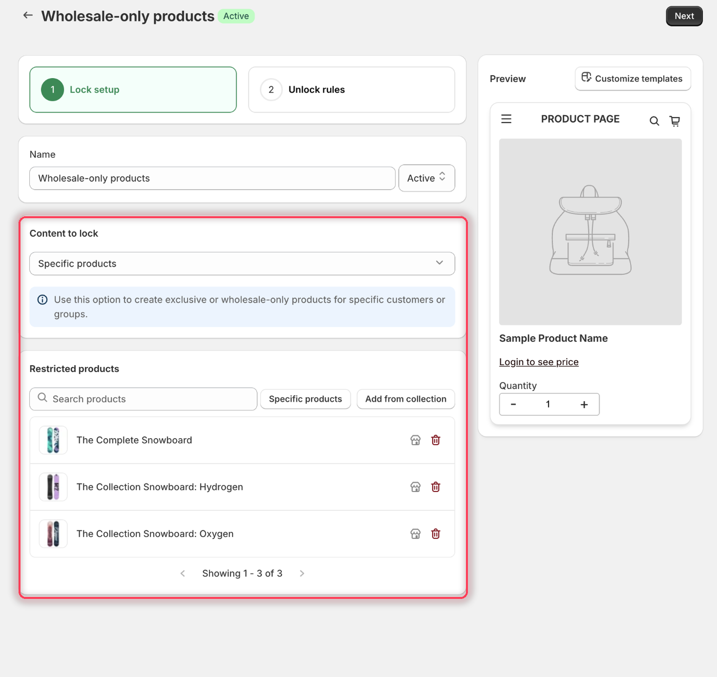 The Lock setup tab with Specific products chosen as the content type and three products listed under Restricted products.