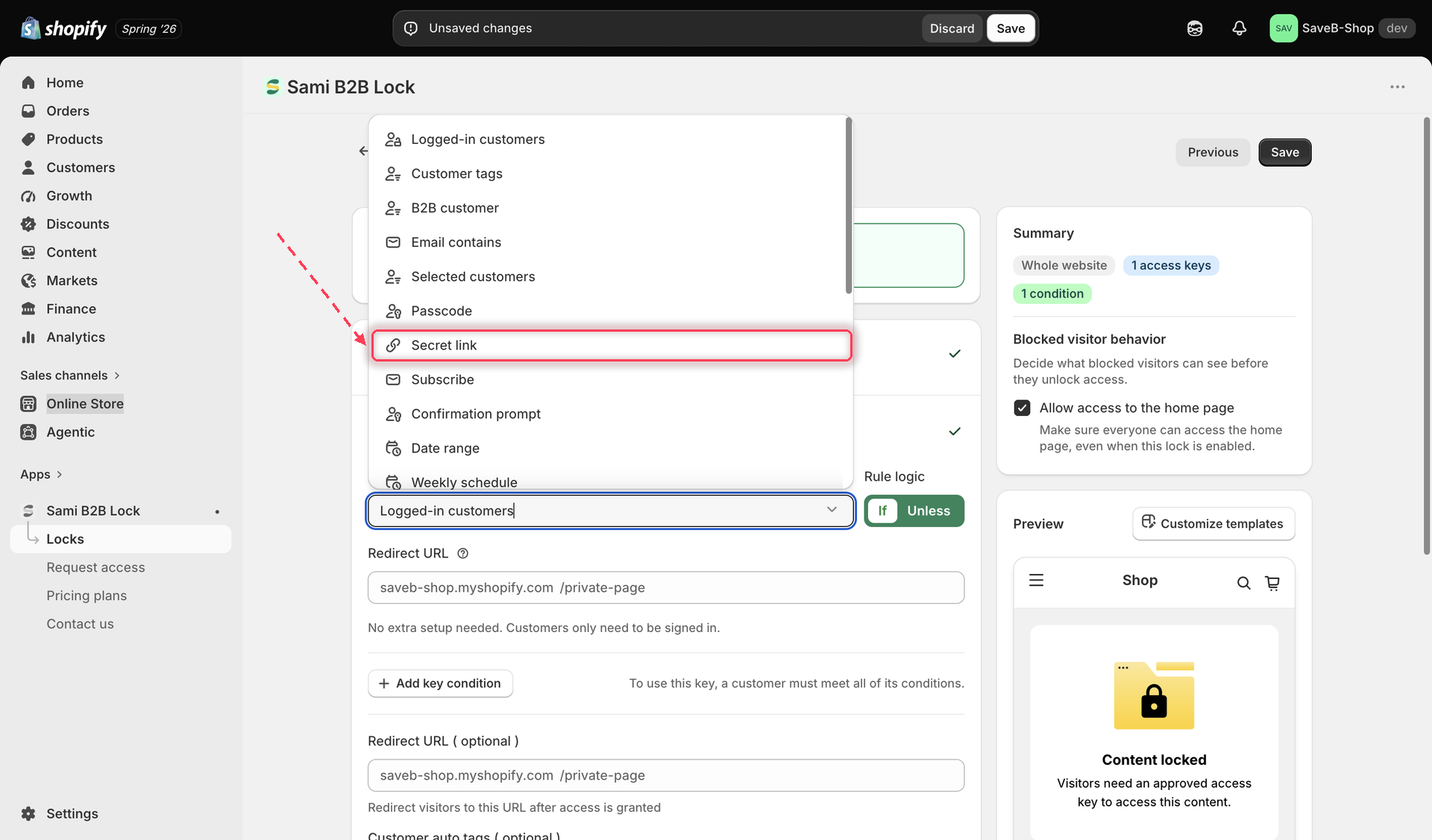 Access rule picker with Secret link selected as the condition type