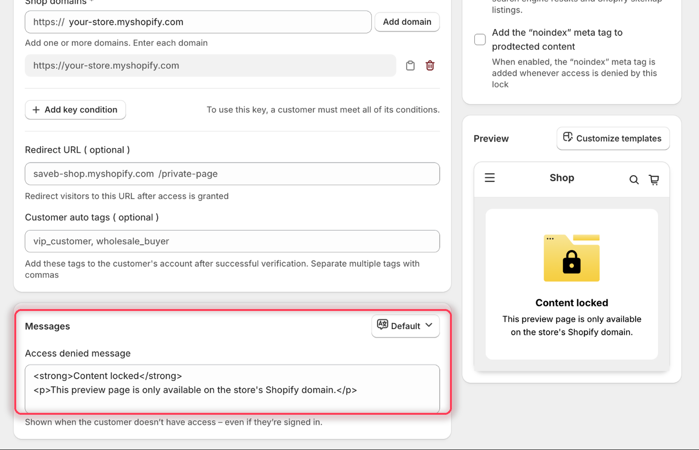 The Messages card with the Access denied message set to the Shopify-domain-only wording, and the Preview panel rendering it.